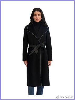 T Tahari Eva Fitted Tweed Coat with Belt Wool Blend Longline Wrap Coat